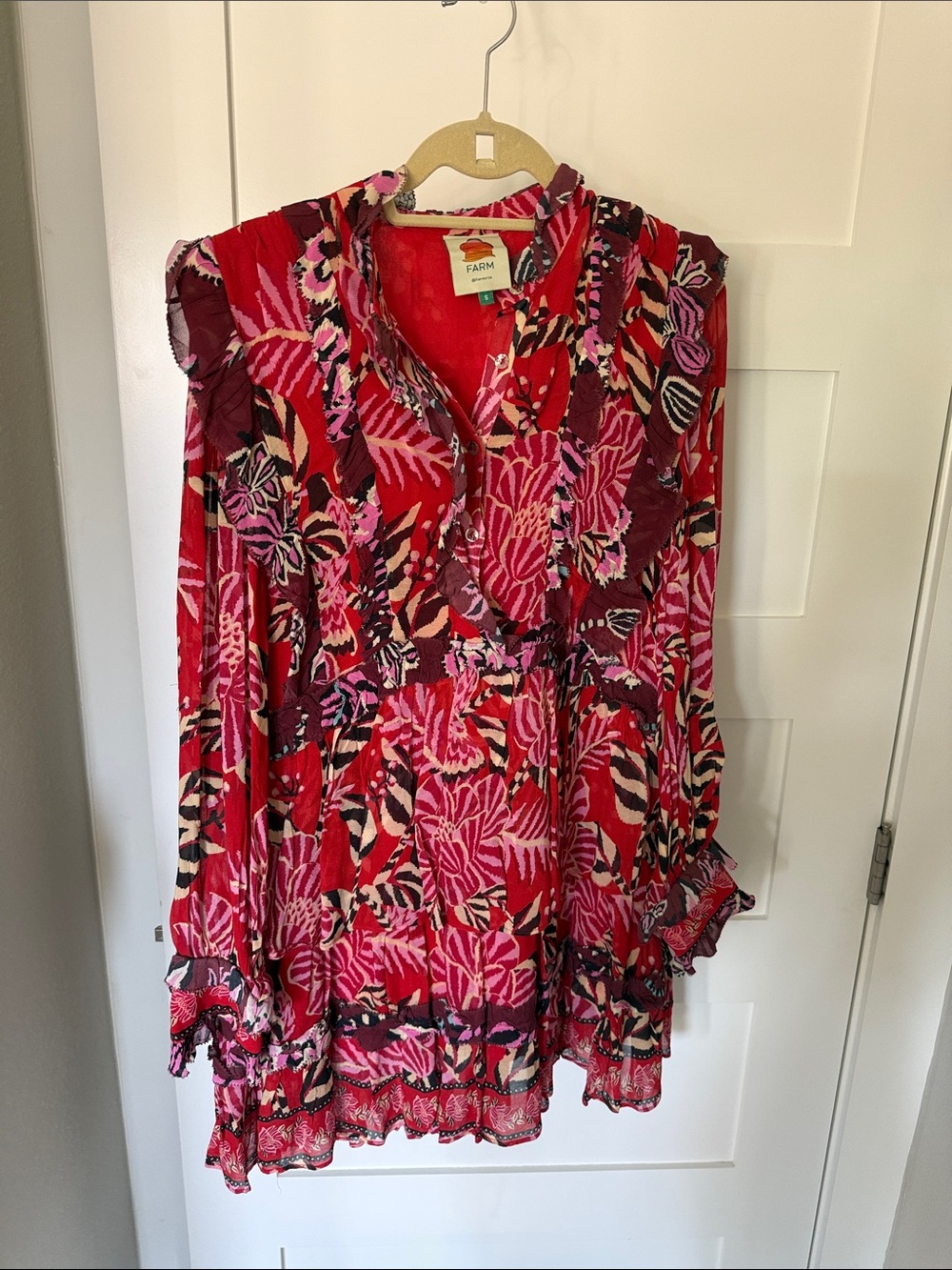 FARM Rio Red & Pink Floral Ruffle Peasant Tunic